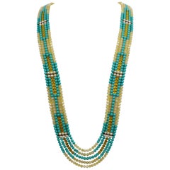 Striking Long Multi Strand Patchwork Faux Turquoise Runway Necklace 10