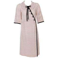 Vintage Tiziani Couture By Karl Lagerfeld Ivory Mod Stripe Doll Collar Silk Dress, 1960s