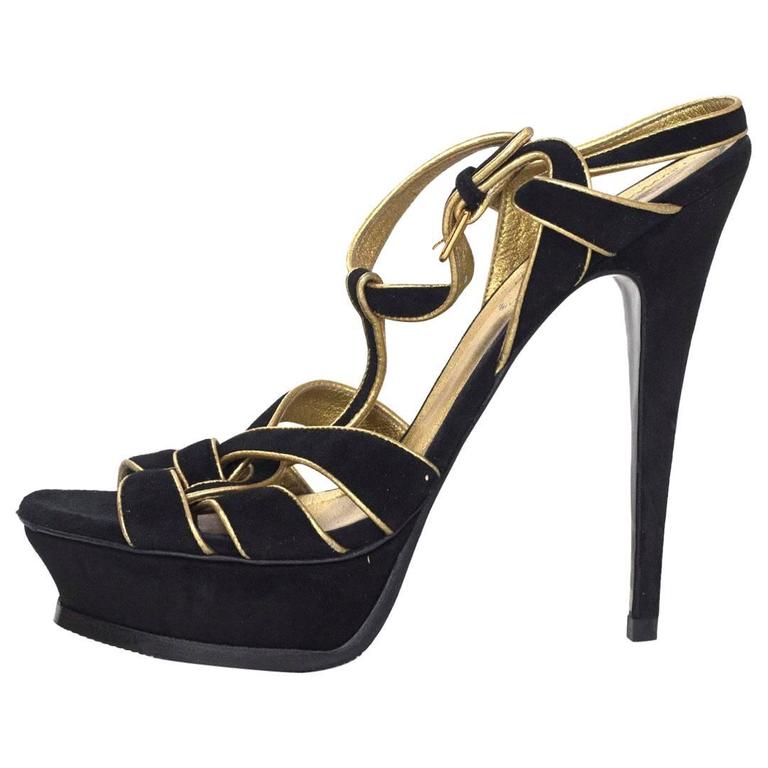 YSL Black/Gold Suede Tribute Sandals Sz 38.5 For Sale at 1stDibs | ysl ...