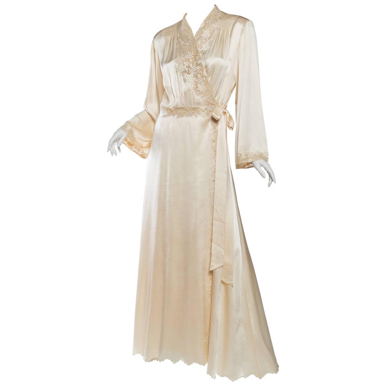 Exquisite Antique Hand Embroidered Couture Silk Dressing Gown at