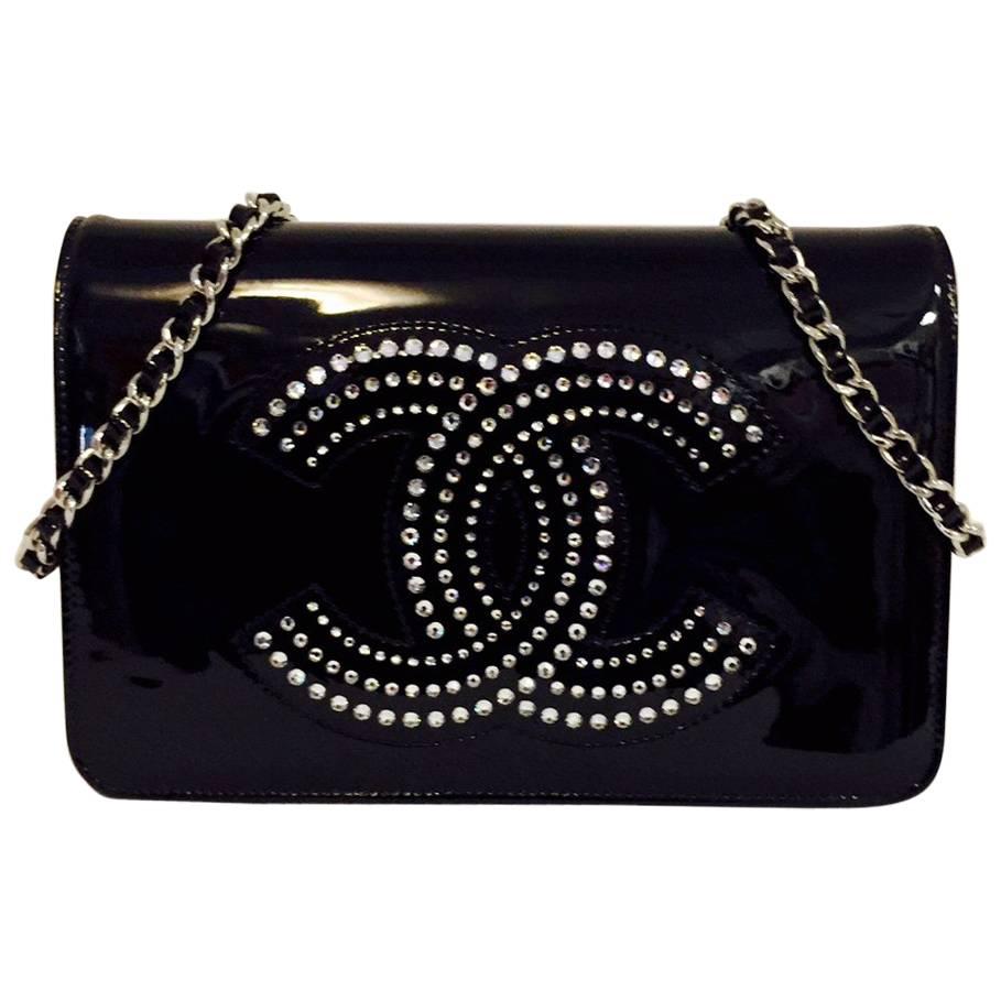 Dazzling Limited Edition Chanel Black Patent Leather WOC With Strass Crystals