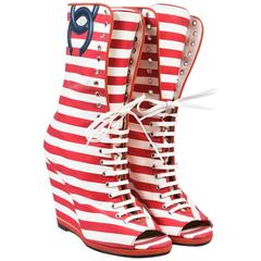 Chanel Red White Canvas Striped Peep Toe Wedge Ankle Booties SZ 40