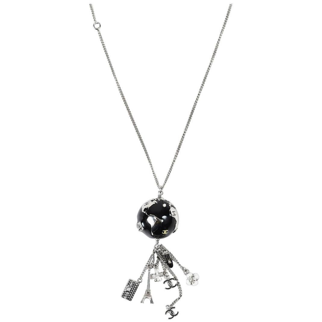 Chanel Black Enamel Globe Charm Logo Pendant Necklace For Sale