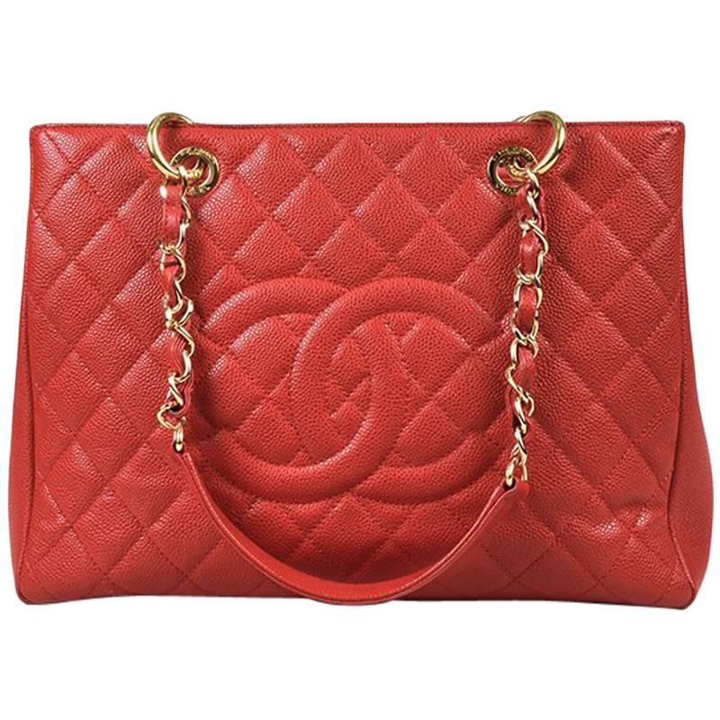 Chanel Red Caviar Leather Quilted 'CC' GST "Grand Shopping Tote" Bag For Sale