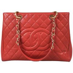 Chanel Red Caviar Leather Quilted 'CC' GST "Grand Shopping Tote" Bag