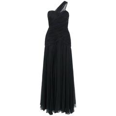 1970's Adele Simpson Black Draped Silk Chiffon One-Shoulder Goddess Dress Gown 1