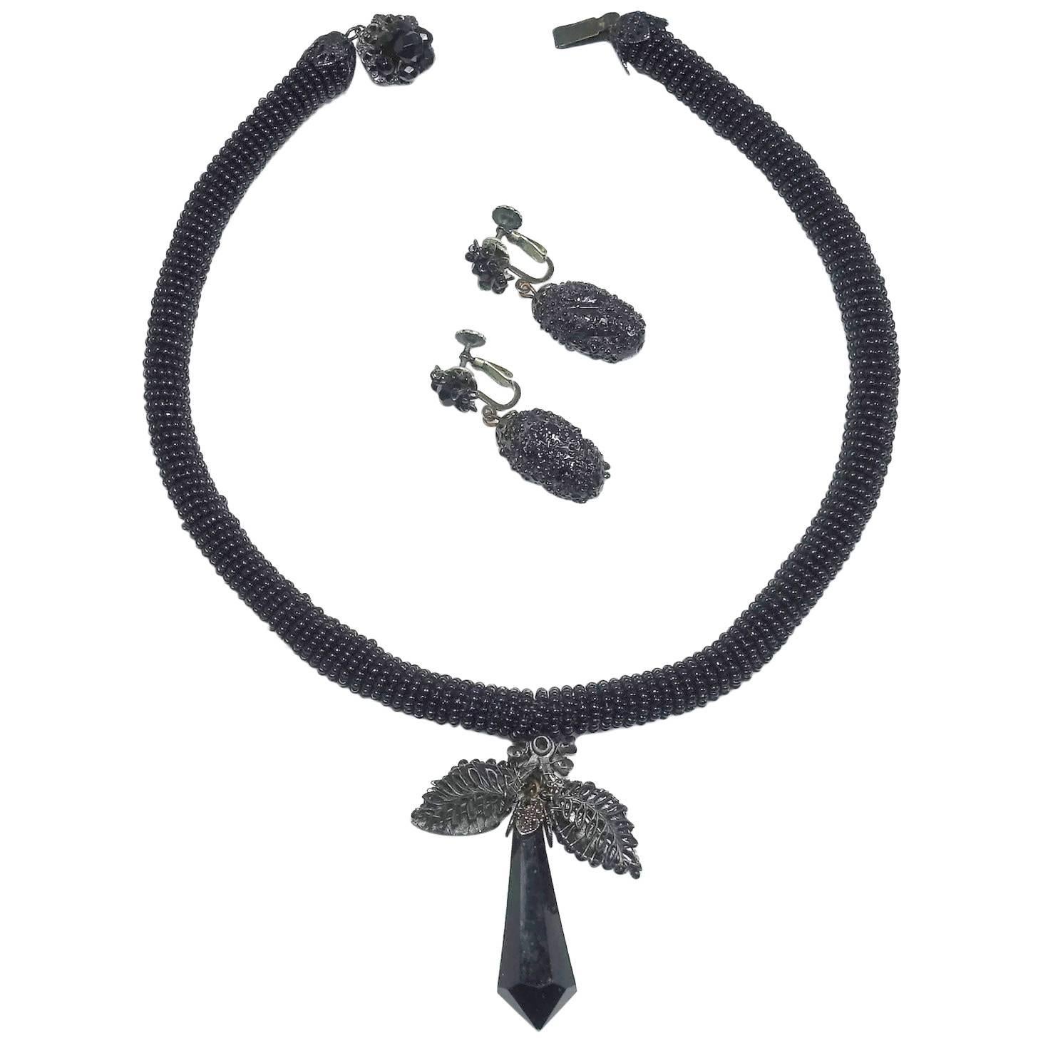 Rare Vintage 1950s Miriam Haskell Black Jet Beaded Drop Necklace & Earring Set For Sale
