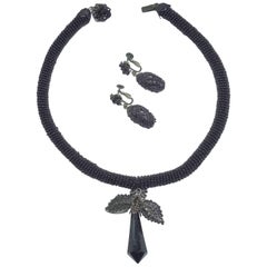 Rare Vintage 1950s Miriam Haskell Black Jet Beaded Drop Necklace & Earring Set