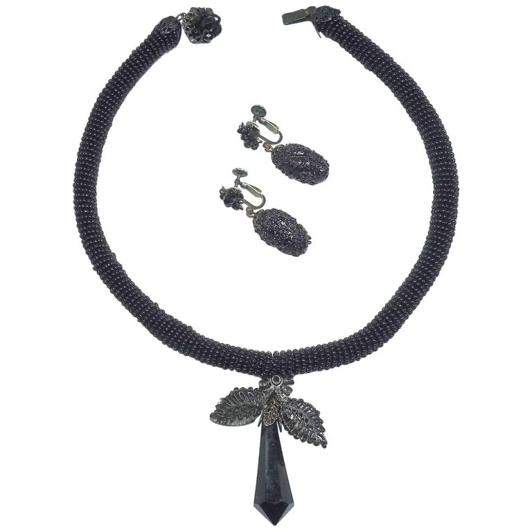 Rare Vintage 1950s Miriam Haskell Black Jet Beaded Drop Necklace and ...