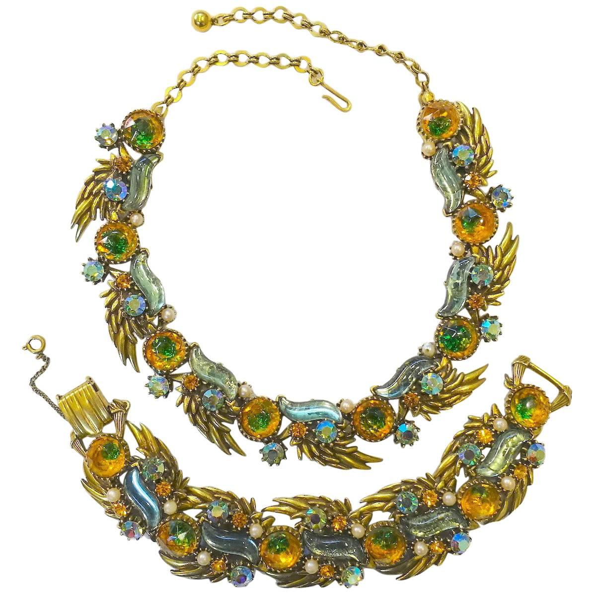 Vintage Rare 1960s Florenza Blue & Citrine Glass Necklace & Bracelet Set