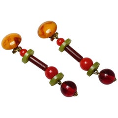 Vintage Deco 1930s Bakelite Green & Red Beaded Drop Clip Earrings 10