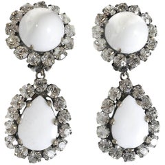 Rare Vintage 1960s Signed K.J.L. Kenneth Jay Lane White & Crystals Clip Earrings