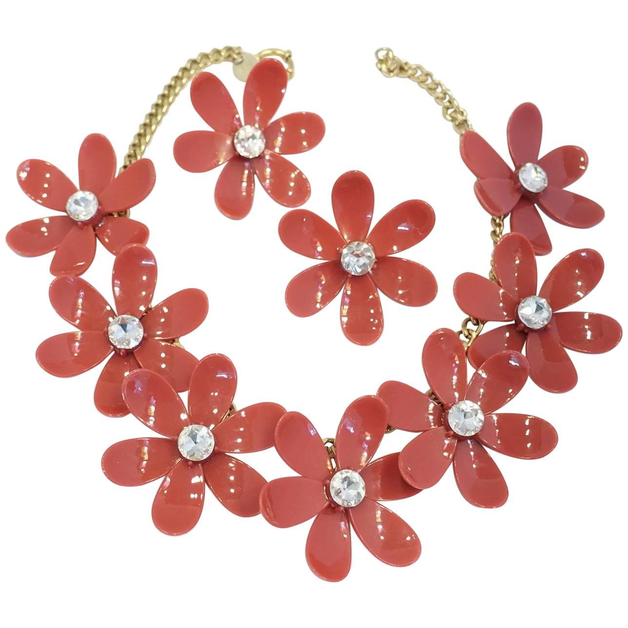 Anka Raspberry Daisy Necklace and Earrings Set For Sale