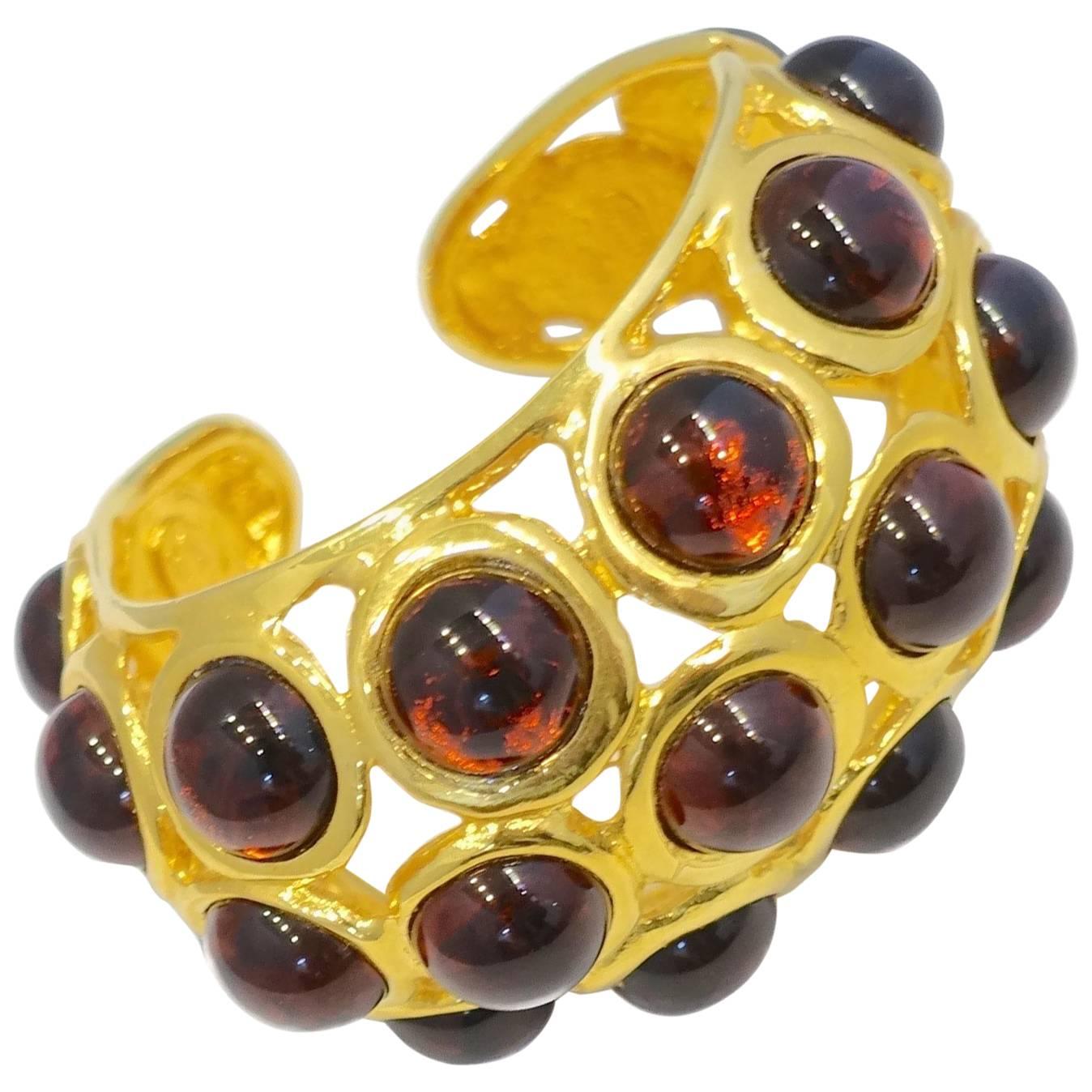 Kenneth Lane Twin Signed Cabochon Red Glass Cuff Bracelet For Sale