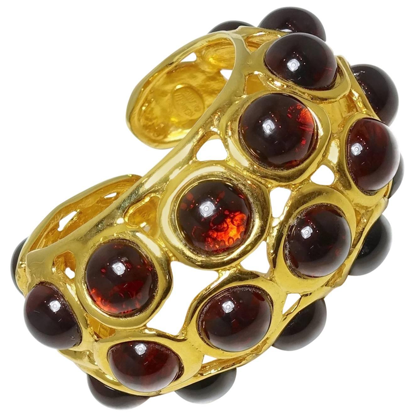 Kenneth Lane Twin Signed Cabochon Red Glass Cuff Bracelet For Sale