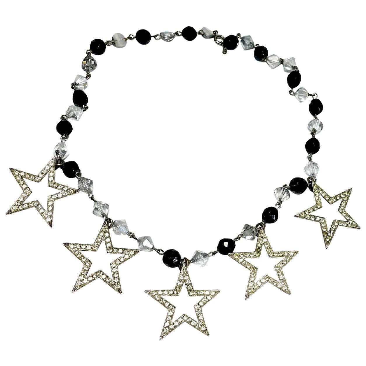 Vintage 1970s Black & Clear Star Beaded Necklace  For Sale