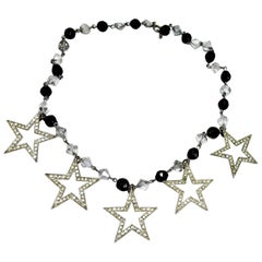 Vintage 1970s Black & Clear Star Beaded Necklace 