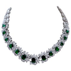 Vintage Crown Signed Emerald Green 
Clear Crystals Necklace