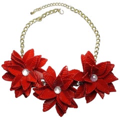 Vintage Red Floral & Crystal Resin Necklace