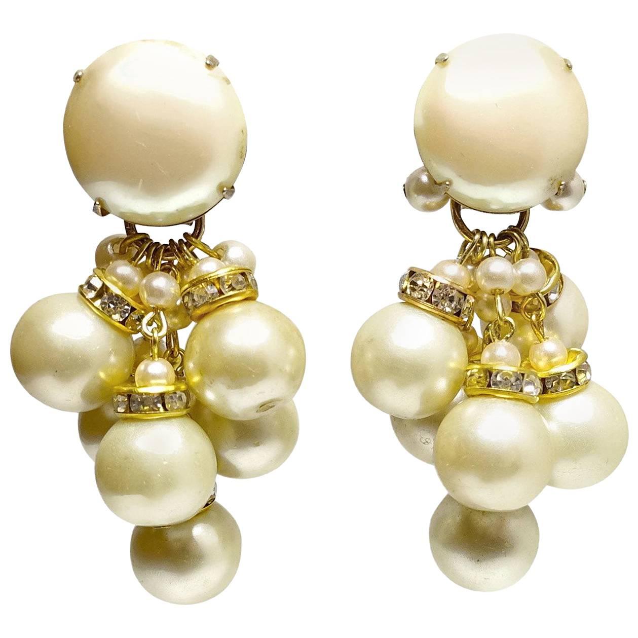 DeMario Vintage Faux Pearl and Crystal Earrings For Sale