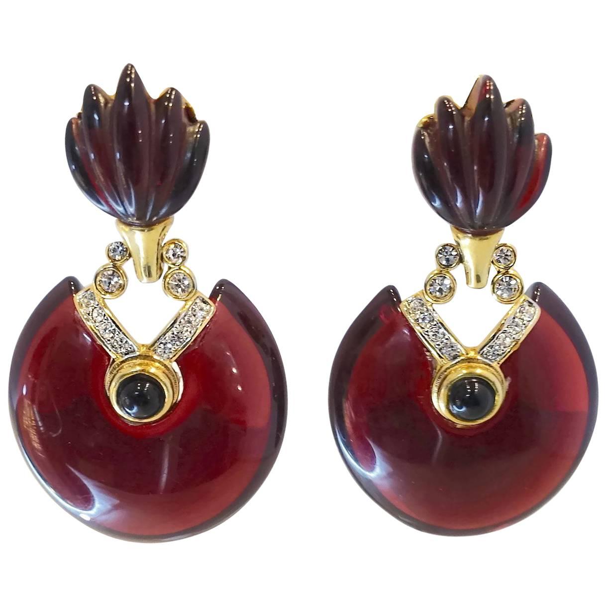 Vintage 1980s French Cranberry & Crystal Drop Earrings