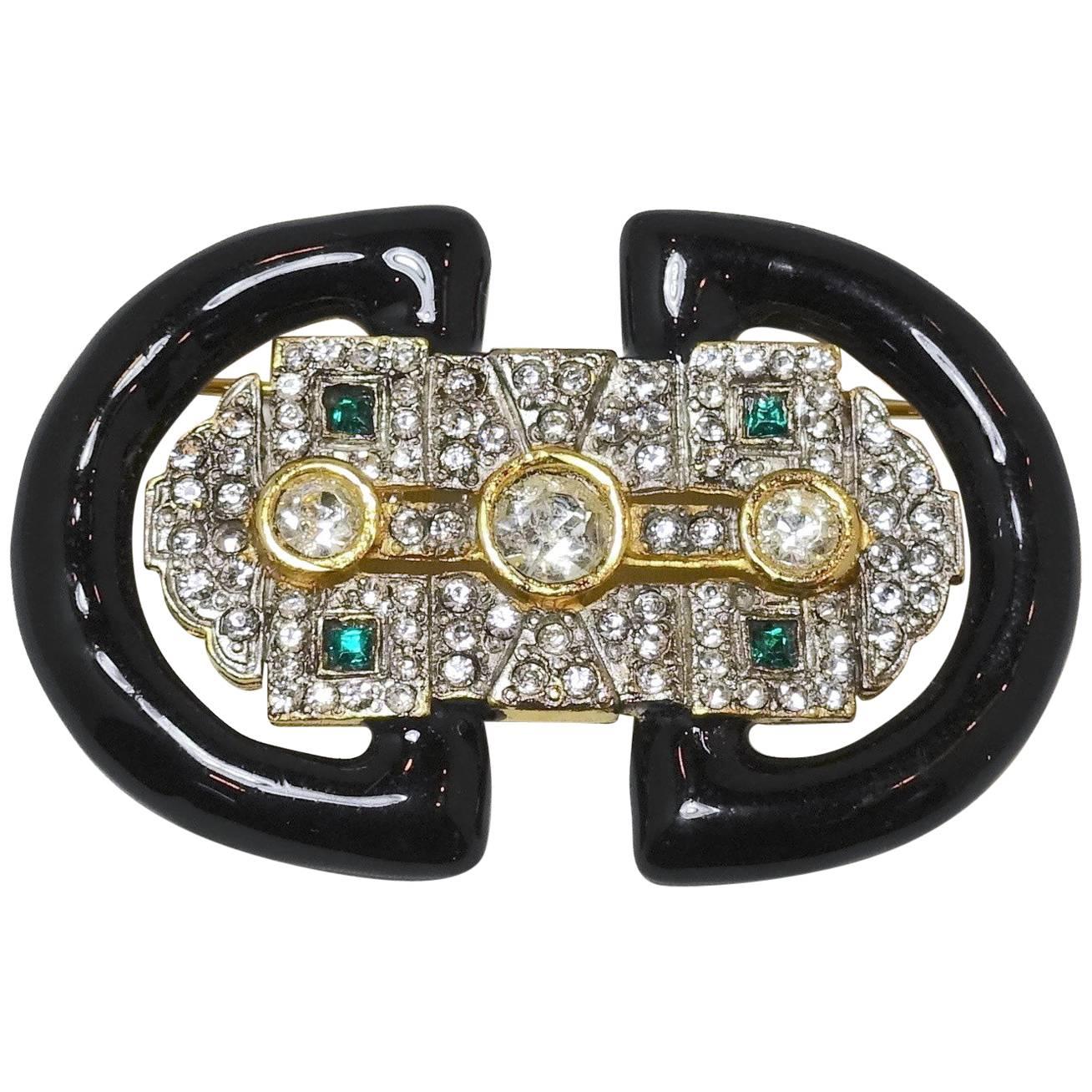 Deco Style Black Enamel With Green & White Crystals Brooch