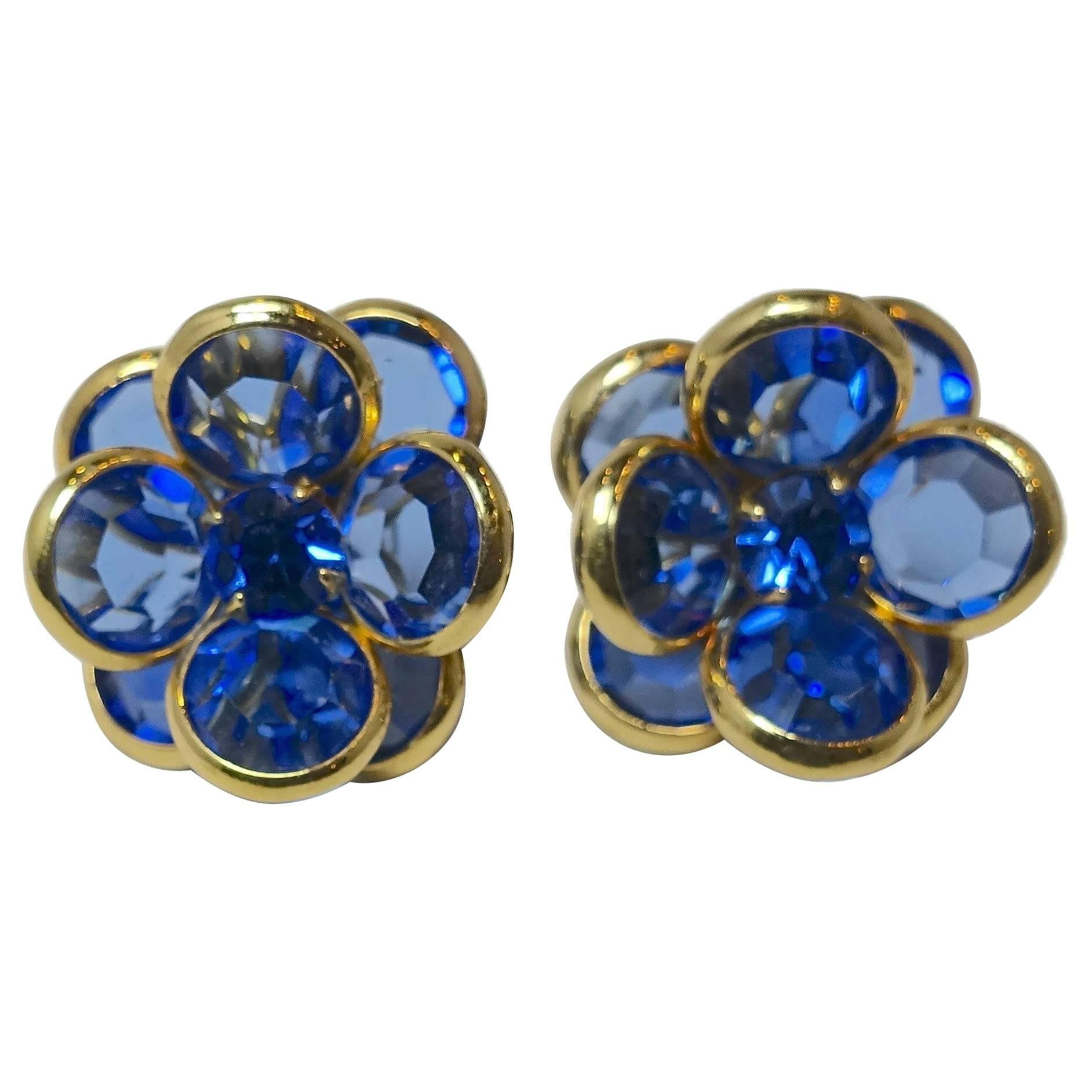 Vintage 1940s Blue Crystal Floral Pierced Earrings