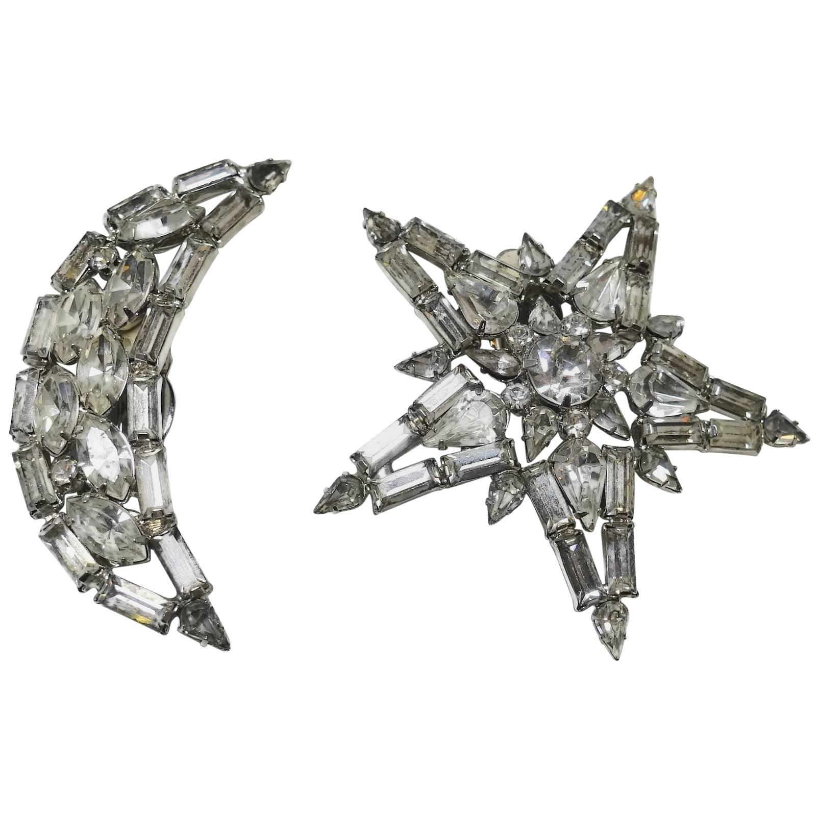 Large Vintage 1960s Whimsical Signed Kirks Folly Star & Moon Crystal Clip Earrin