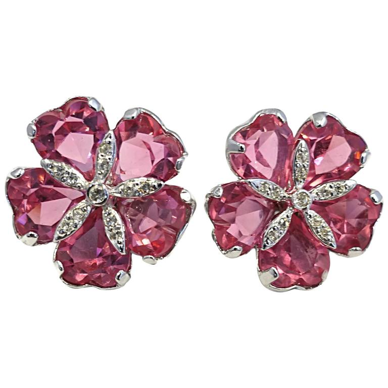 Signed Replica Italy Hot Pink and Clear Crystal Floral Earrings at 1stDibs