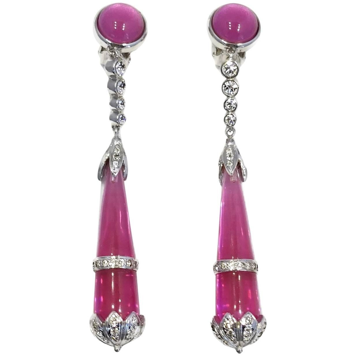 Huge 4” Hot Pink & Crystal Dangling Earrings