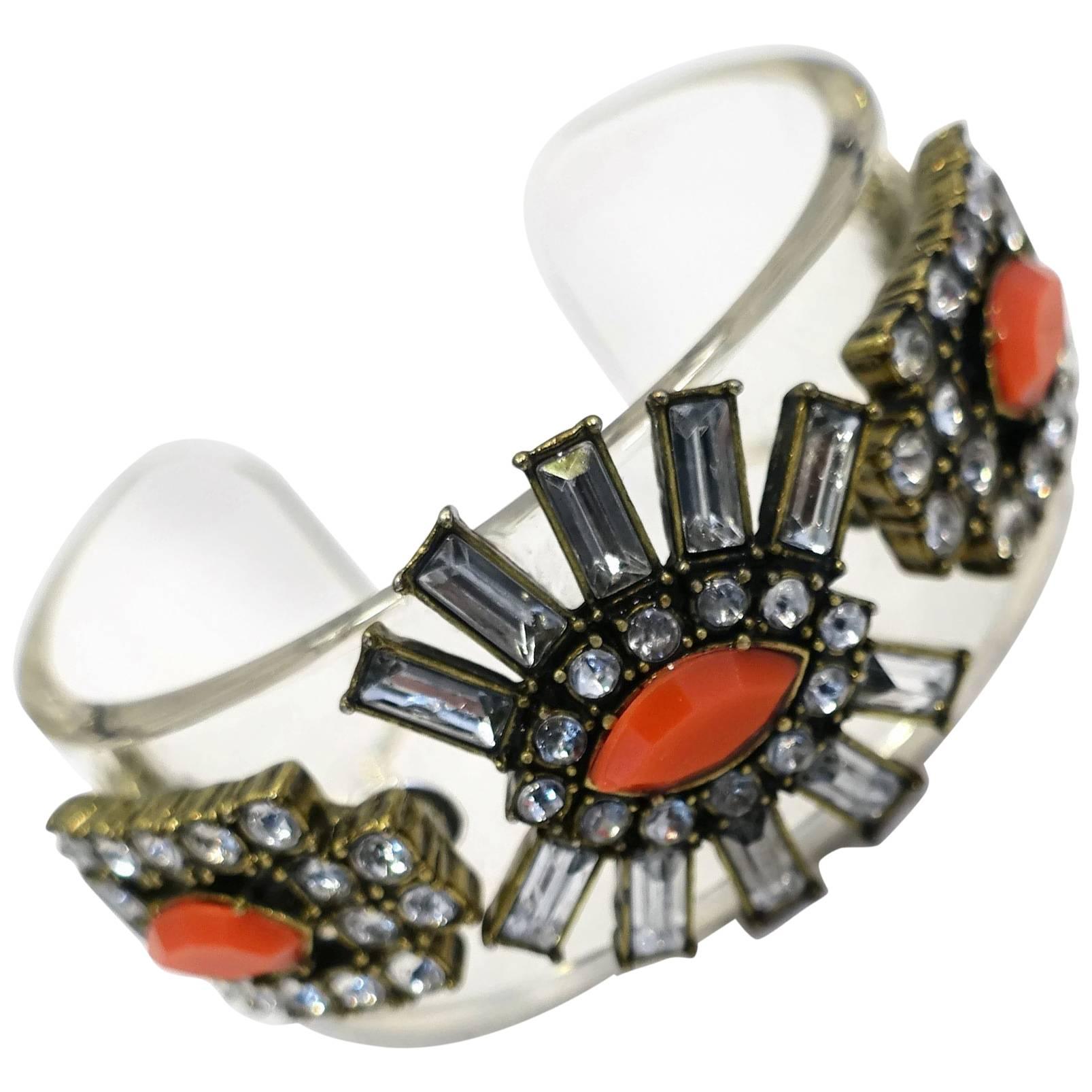 Art Deco Style Vintage Lucite and Faux Coral Cuff Bracelet, 1960s 