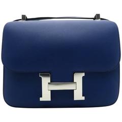 Hermes Constance 24 Bleu Saphir Blue Swift Leather Silver Metal Shoulder Bag