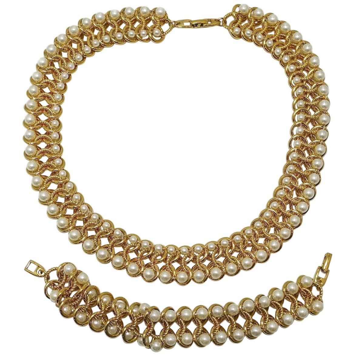 Vintage 1950s Signed Napier Faux Pearl Necklace & Bracelet For Sale