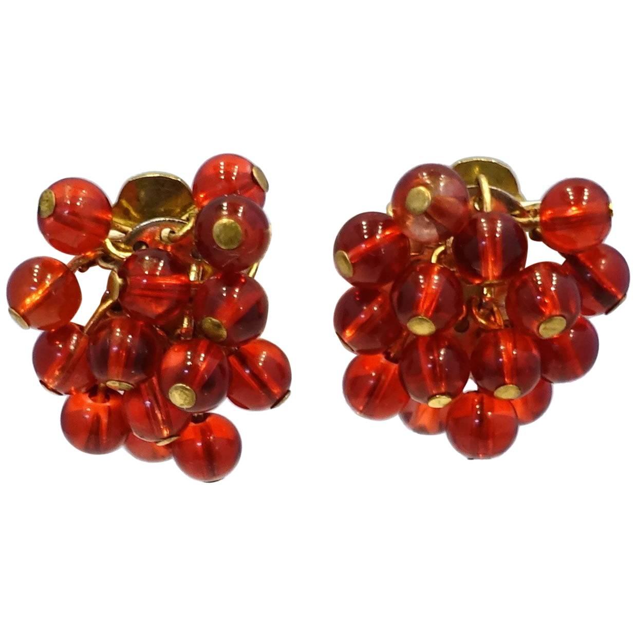 DeMario Signed Vintage Red Bead Earrings, 1950s 