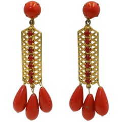 Vintage Long 1960s Red & Gold Dangle Earrings