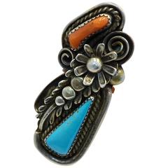 Large Vintage Turquoise & Coral Sterling Silver Ring