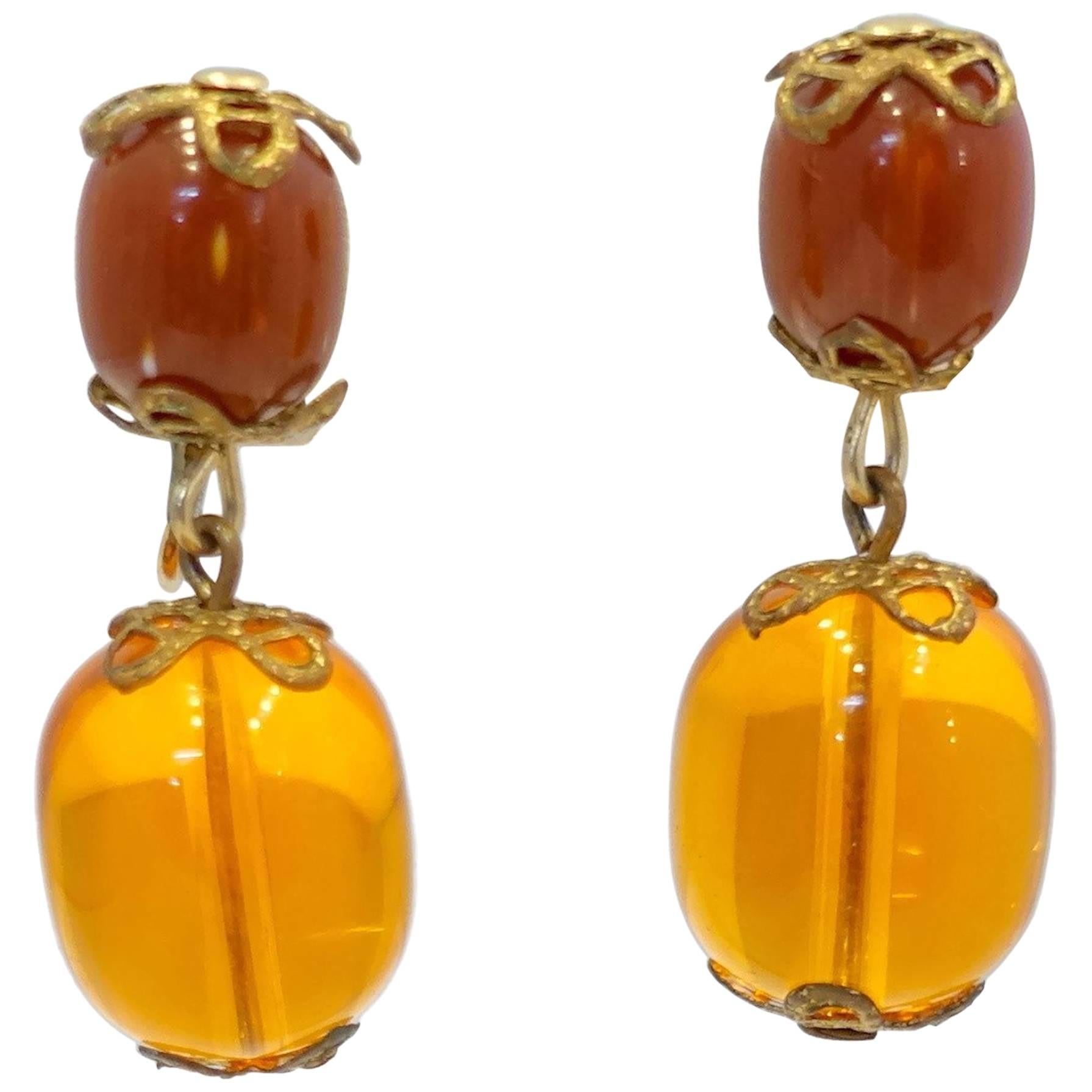 Vintage 1960s Faux Amber & Red Bead Drop Earrings