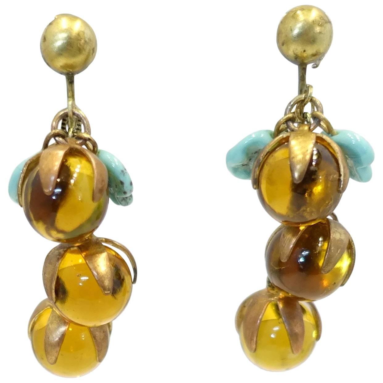 Vintage Deco 1930s Amber & Turquoise Leaves Glass Dangle Earrings For Sale