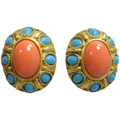 Signed Kenneth Jay Lane Faux Turquoise & Coral Earrings