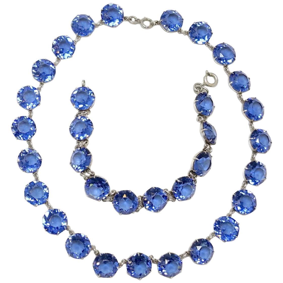 Deco Vintage Czech 1930s Sterling Silver & Blue Crystal Necklace & Bracelet Set