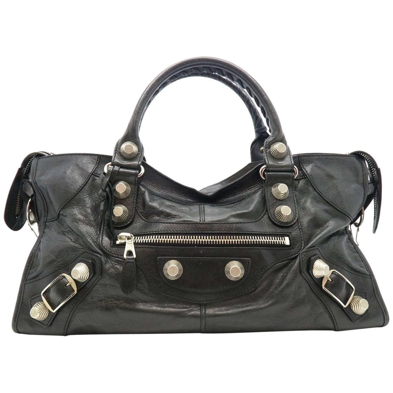 Balenciaga Black Lambskin Leather Silver Metal Satchel Bag