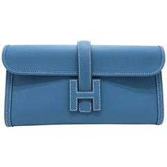 Hermes Jige Bleu Jean Blue Veau Swift Leather Clutch Bag