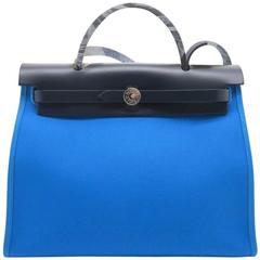 Hermes Herbag PM Bleu Zanzibar Blue Canvas Top Handle Bag