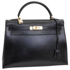 Vintage Hermes 'Kelly 32' Black Box Leather Top Handle Bag