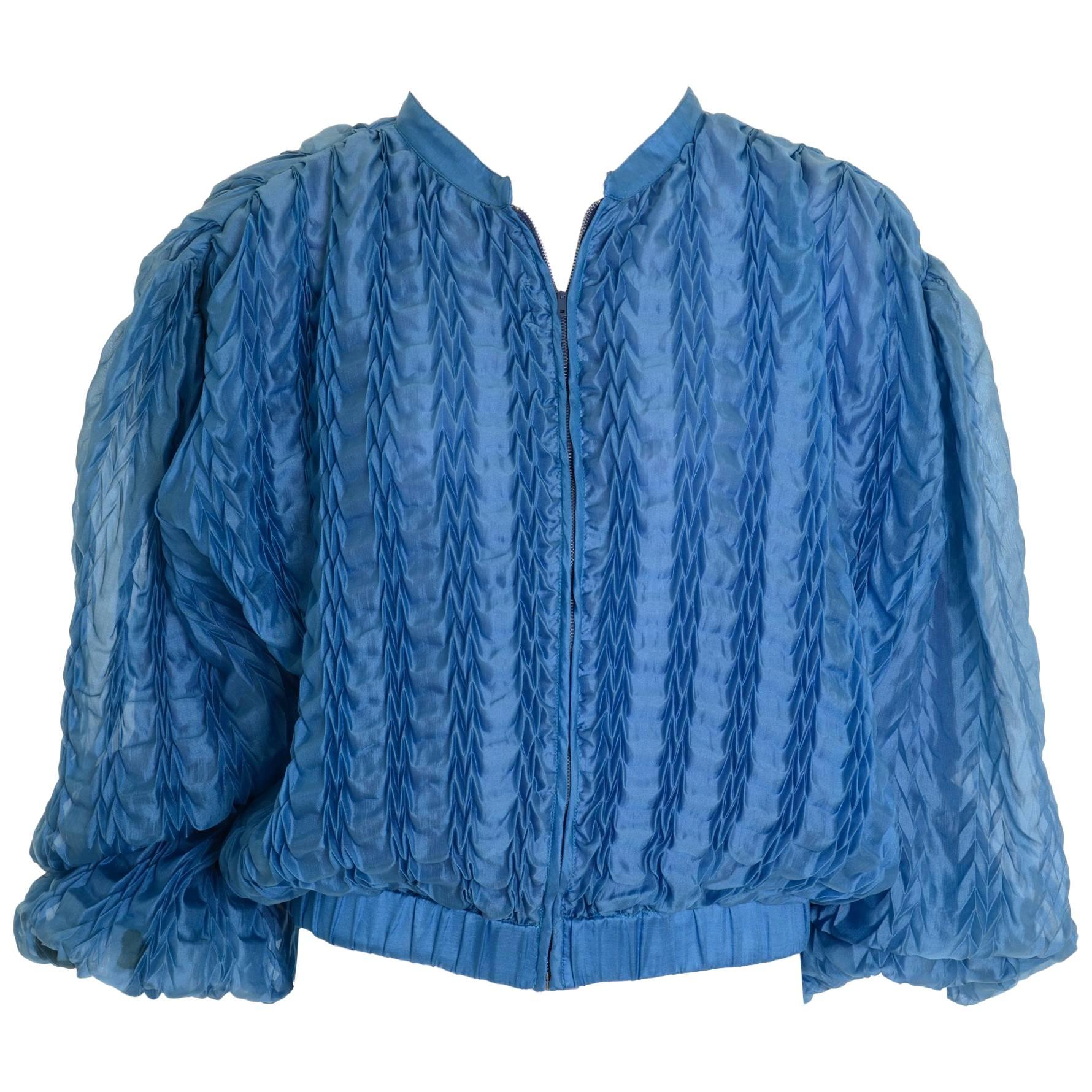 1980s KRIZIA Turquoise Silk Pleateds Bomber Jacket