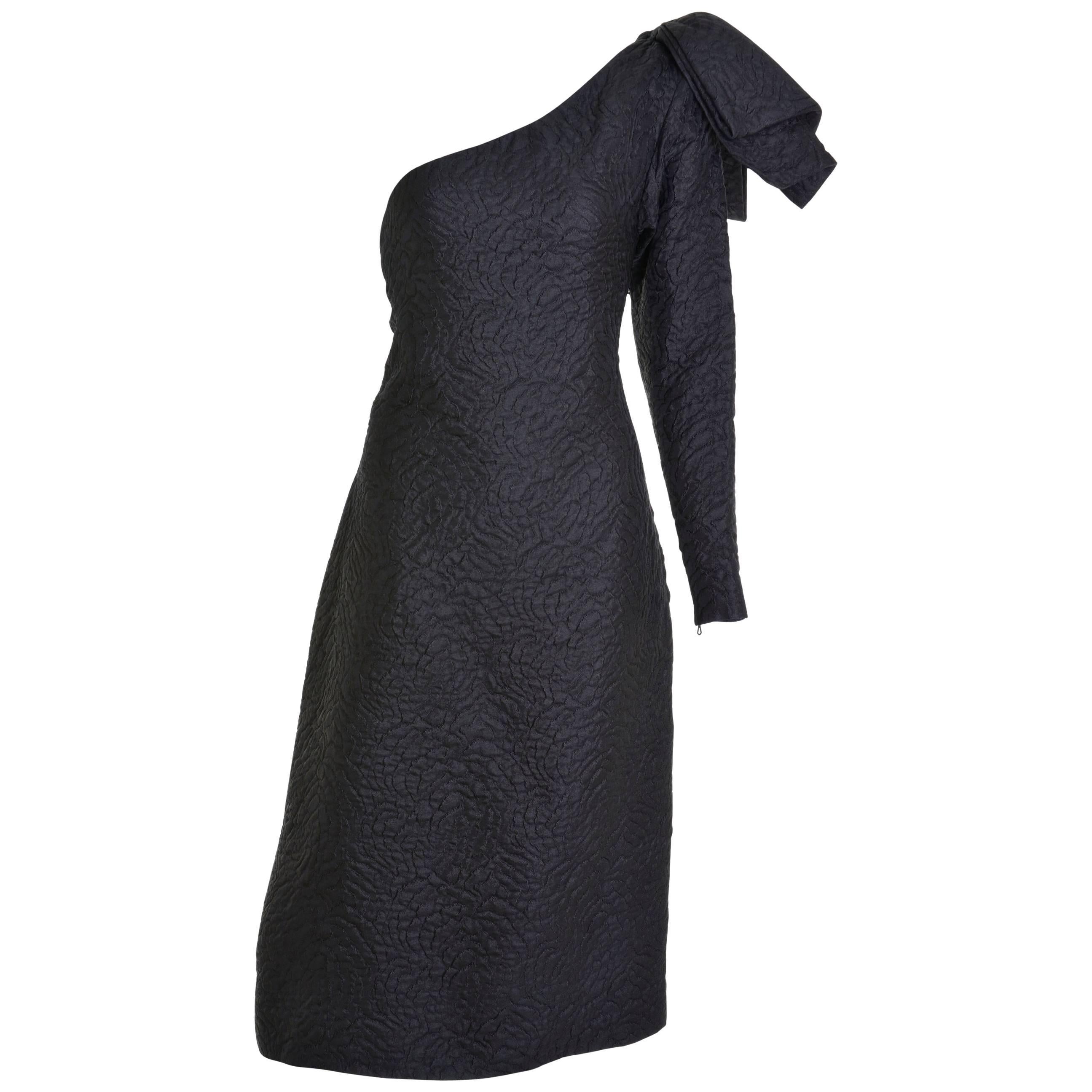 1980s YVES SAINT LAURENT Rive Gauche Black Embossed One Shoulder Dress For Sale