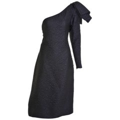 Vintage 1980s YVES SAINT LAURENT Rive Gauche Black Embossed One Shoulder Dress