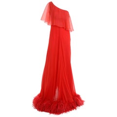 Vintage 1970s VALENTINO BOUTIQUE Red Silk One Shoulder Ostrich Feathers Long Dress 