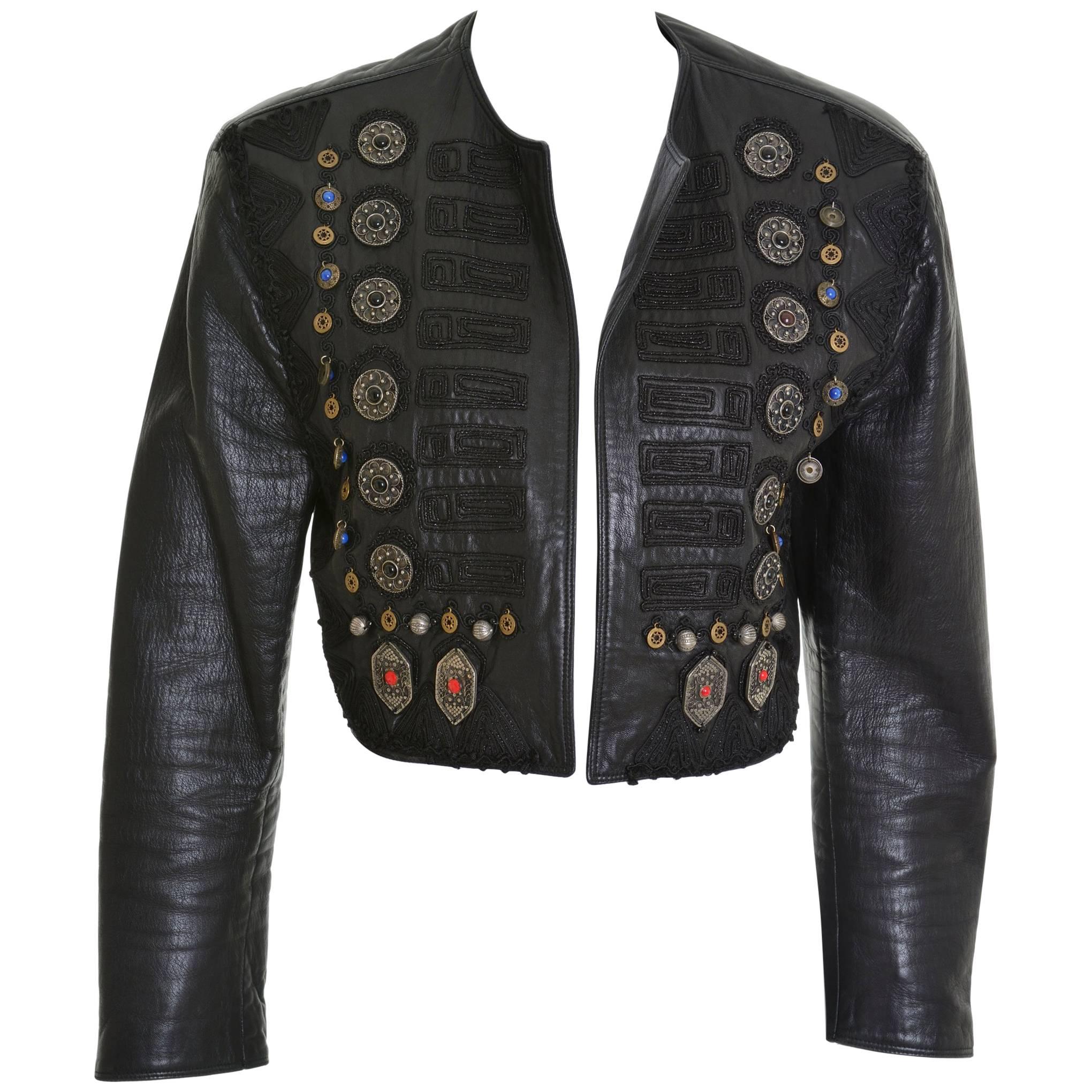 1980s GIANNI VERSACE Leather Metal Embroidery Bolero Jacket