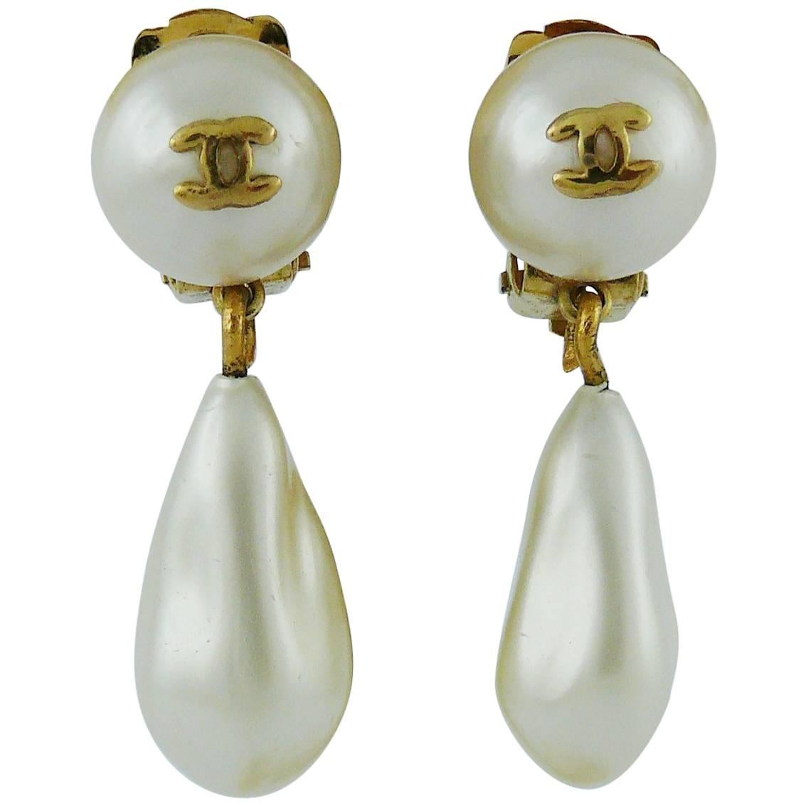 Chanel Vintage Faux Pearl Dangling CC Earrings